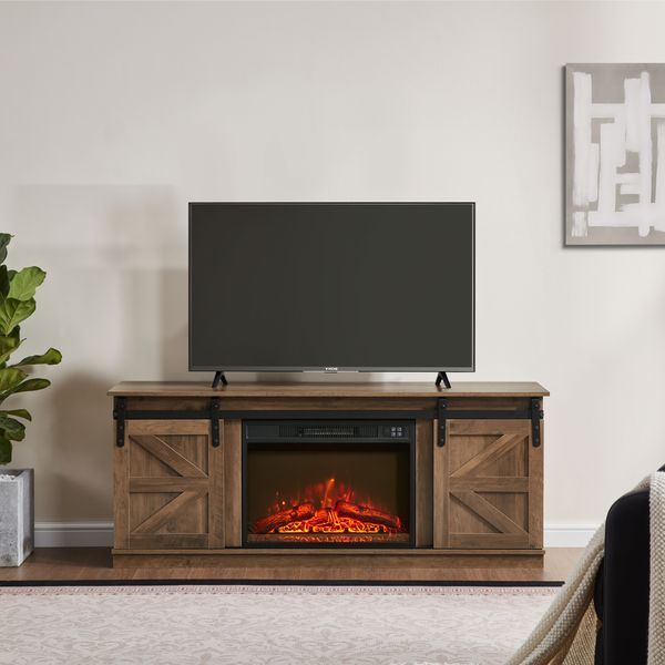 Fireplace TV Stand For Television Up To 65 Inch With Storage And Farmhouse Sliding Barn Doors, Entertainment Center With Cabinet And Shelves,Natural_voghion.com