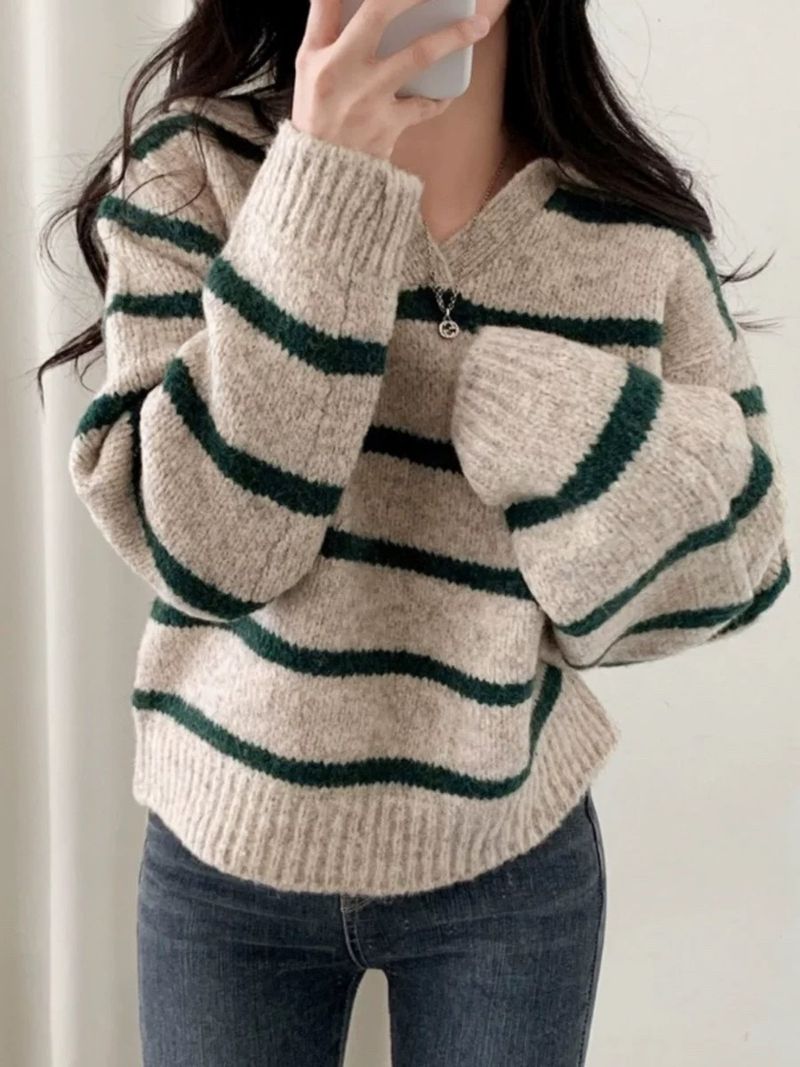 Pull en tricot à col polo rayé style coréen pour femme - Pull doux et confortable à col en V pour l'automne, coupe ample et décontractée_voghion.com