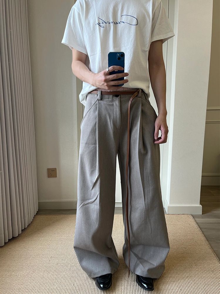Herren-Anzughose im Retro-Stil in A-Linie mit Faltenfalten – Vintage-inspirierte Büro- und Freizeithose – Khaki und Grau – Größen M bis 3XL_voghion.com