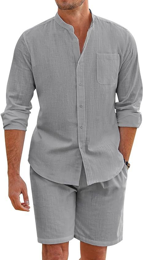 Roupas masculinas de duas peças de algodão e linho, camisa confortável com botões, manga comprida, shorts, cardigan, simples, casual, praia_voghion.com