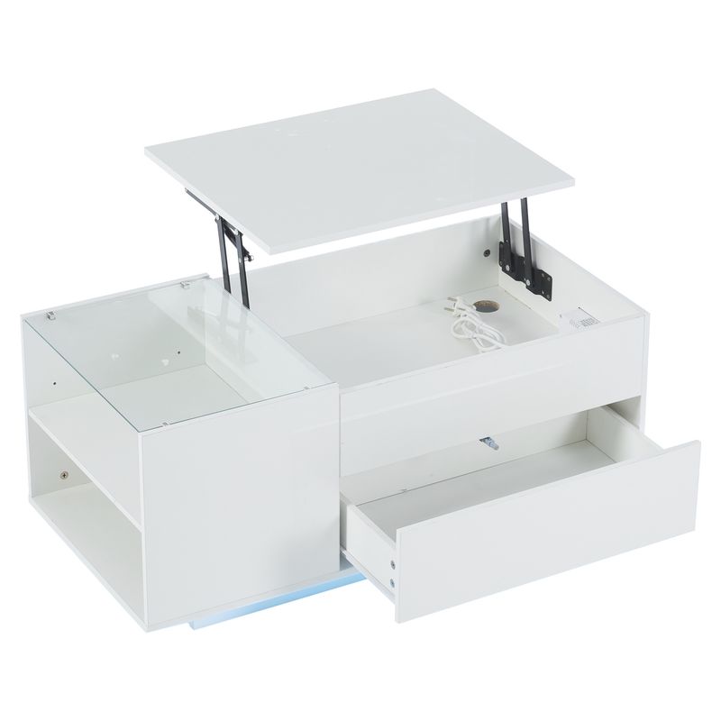 Table basse réglable en hauteur 95 x 48 x 42 cm avec rangement dissimulé, éclairage LED, tiroir et prise – Table d'appoint de salon blanche_voghion.com