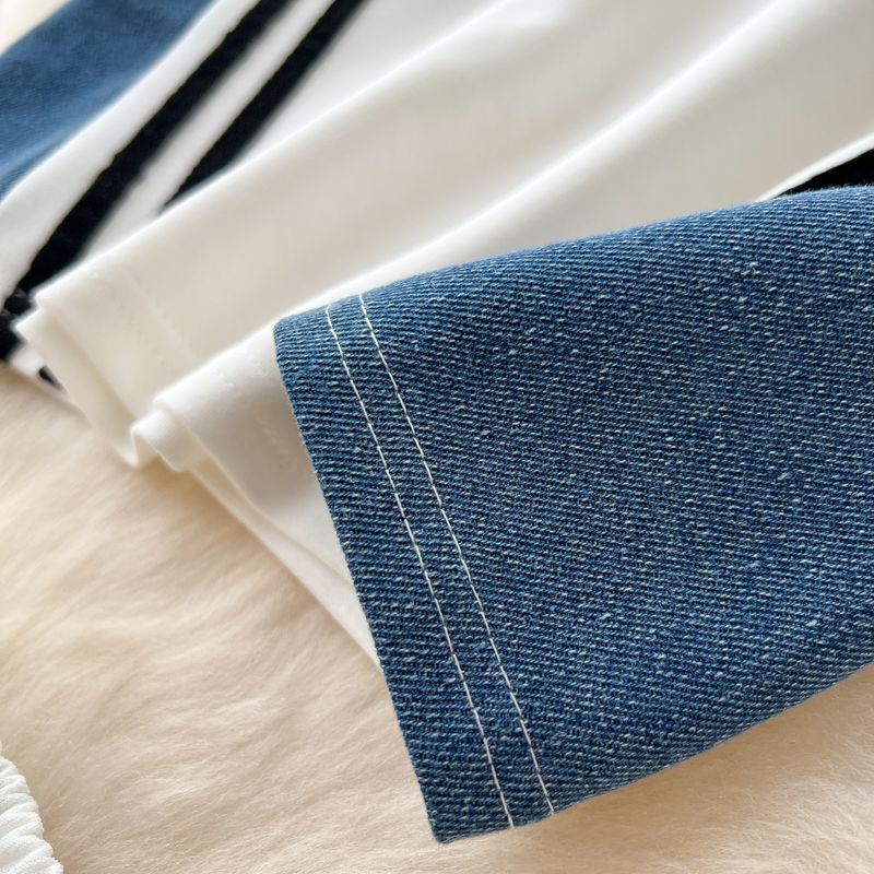 Hauts décontractés à manches courtes et rayures contrastées pour femme, mode été, taille haute, coutures en denim, jambes larges et longues_voghion.com