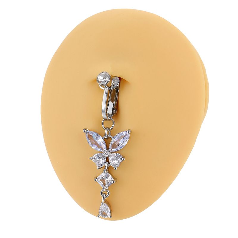 Cristalli a forma di farfalla del ventre Anelli per ombelico pendenti lunghi Clip per piercing all'ombelico in acciaio chirurgico Pancia ombelicale Corpo Gioiello_voghion.com