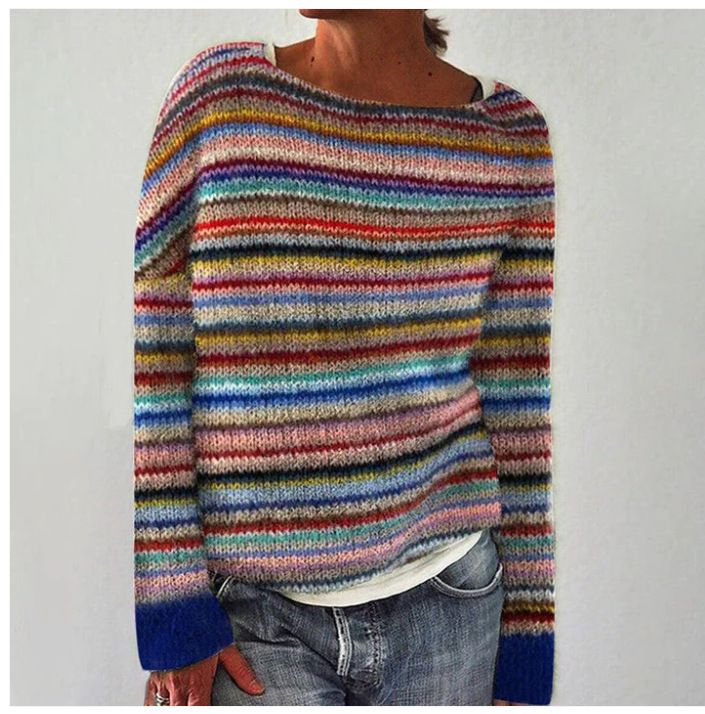 Damenbekleidung, modischer Strickpullover mit Rundhalsausschnitt, Farbblock, lockere Passform, lässige Oberteile_voghion.com
