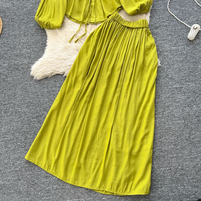 Abbigliamento da donna, abito da temperamento tinta unita, camicia con maniche a sbuffo primaverile da donna + gonna lunga sottile con elastico in vita_voghion.com