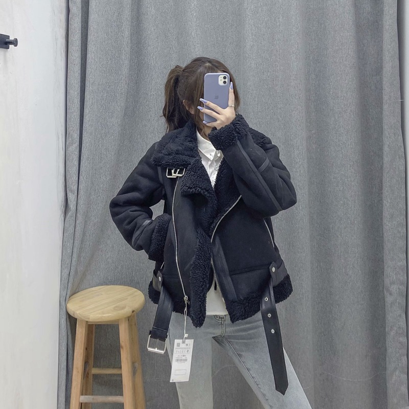 Parka invernale spesso Giacca in lana scamosciata calda con pelliccia di agnello Giacca da donna in pelle shearling Capispalla corto da motociclista_voghion.com