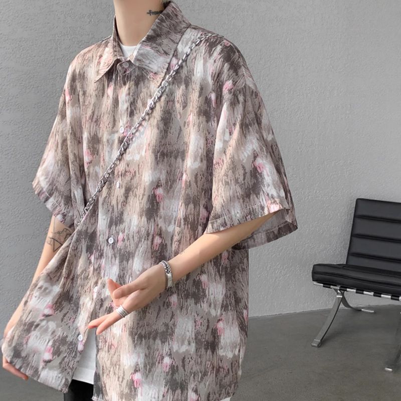 Camicia a maniche corte con effetto tie-dye Dopamine per uomo, design vintage estivo, camicia floreale, giacca in seta ghiacciata_voghion.com