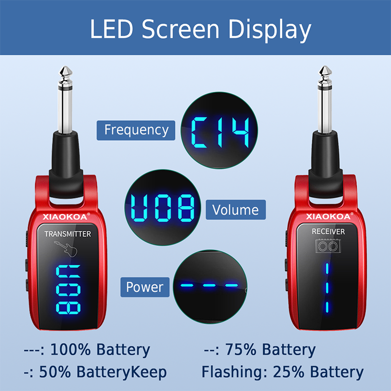 XIAOKOA rendszer újratölthető, továbbfejlesztett LED kijelző, 15 csatornás UHF vezeték nélküli gitár adó-vevő elektromos gitárhoz_voghion.com