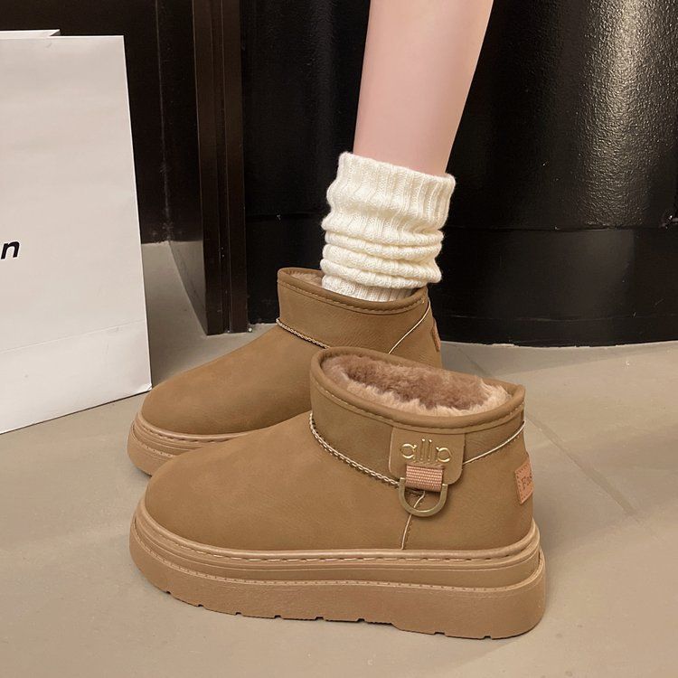 Bottes de neige courtes et confortables à semelle épaisse, style rétro, doublées polaire, chaudes et faciles à enfiler, en coton style nord-est._voghion.com