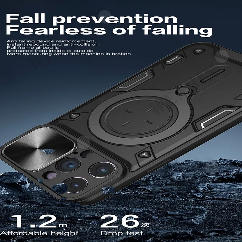 Hülle fir iPhone 15 14 13 12 11 Pro Max 8 7 Plus Magnéitesch rotéierend Schiebekamera 360 Grad rotéierend Standhülle Cover_voghion.com