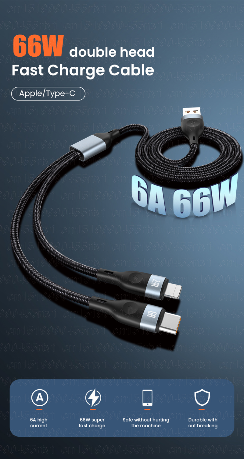 2in1 6A 66W fast charging USB cable suitable for iPhone 14 13 11 Pro Max USB A to Type C 8-pin 3-in-1 data cab_voghion.com