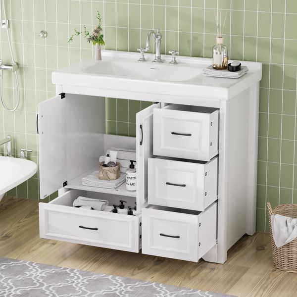 36'' Bathroom Vanities With Single Sink, Modern Under Mount Bathroom Sink Cabinet With 2 Closing Doors & 4 Drawers. White, 35.8''W X 19.7''D X 3_voghion.com