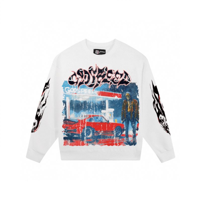 Felpa girocollo unisex con stampa teschio Godspeed in cotone, stile hip hop, manica lunga, alla moda_voghion.com