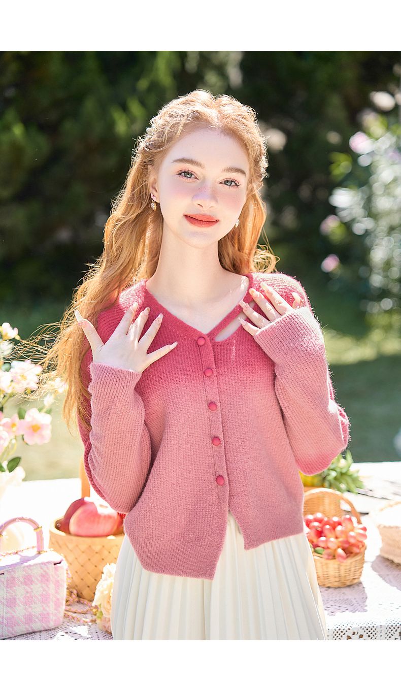 Maglione corto lavorato a maglia con scollo a V di alta qualità, rosso sfumato, per donna, autunno inverno 2025_voghion.com