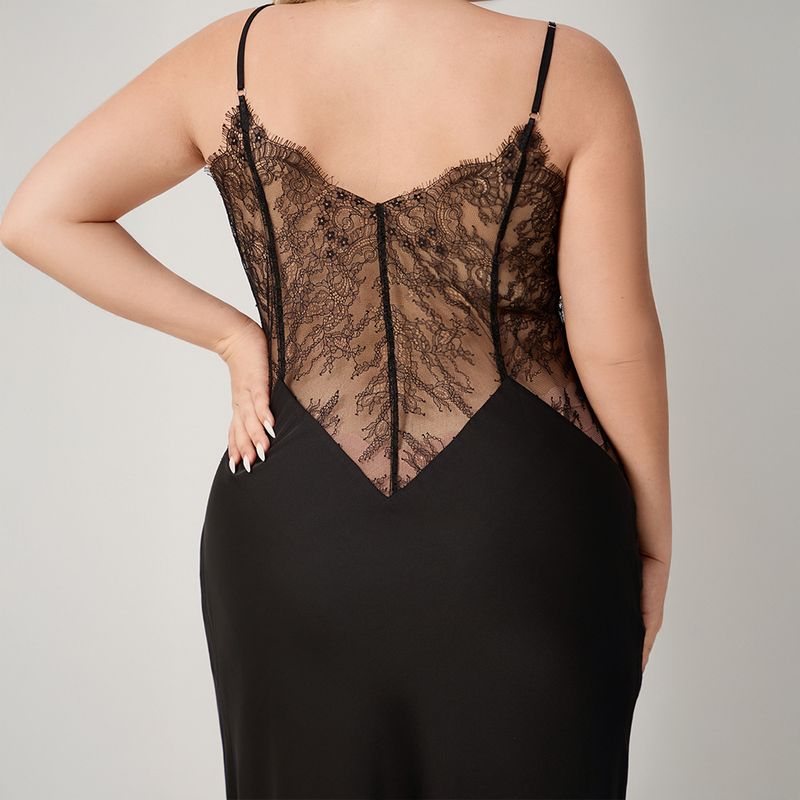 Large Size Suspender Pajamas Women's Satin Chiffon Sexy Nightgown Long Loungewear C_voghion.com