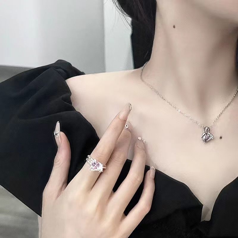 Girl Circon Temperament Female Pink Prstan Niche Design High End Sweet Cool Wind Lava Irregular Love Set_voghion.com