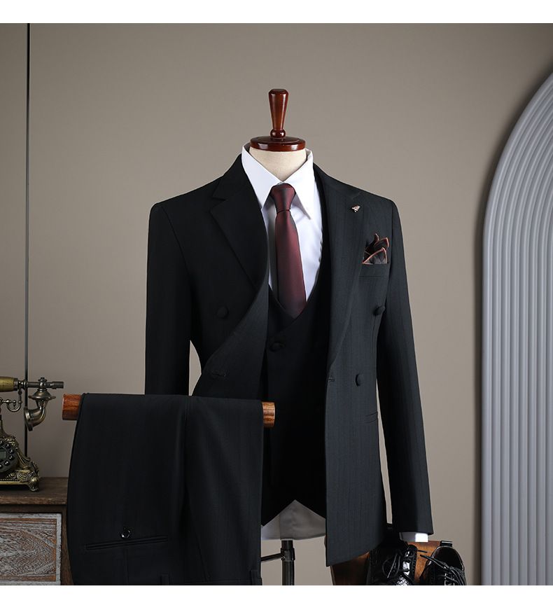 Herenkleding Premium Double-Breasted gestreepte pakset - Formeel en casual bruiloft smoking, zakelijke blazer met vest opties (bruin, marineblauw, zwart)_voghion.com