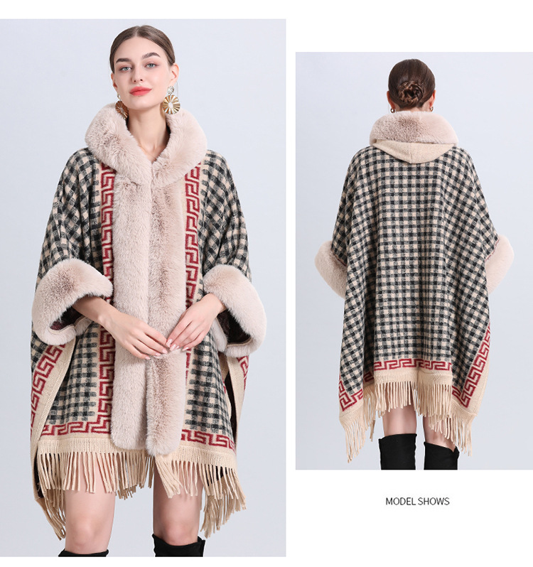 Women's fashion fur collar hooded fringe jacquard knitted shawl cape loose cardigan large size woolen coat_voghion.com