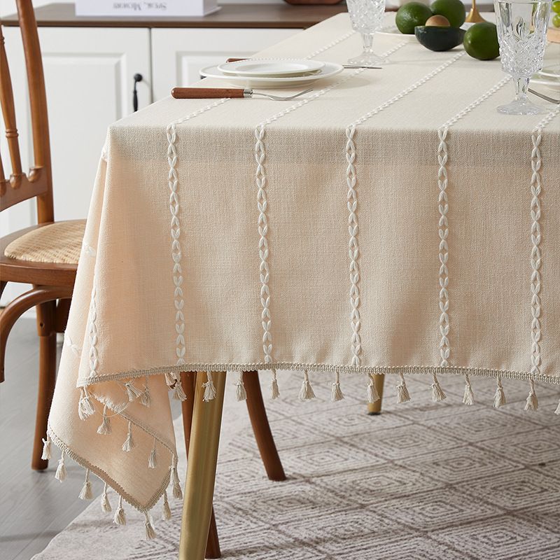 Nappe à franges marron - Style rustique de ferme avec mélange lin-coton (housse de table rectangulaire 60" x 90" lavable, résistante aux taches de café/thé)_voghion.com