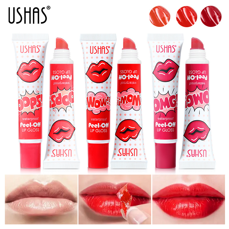 USHAS Mouth Red Glaze Color Does Not Fade or Cup Stain Liquid Honey Tear Pull Lip Mask_voghion.com