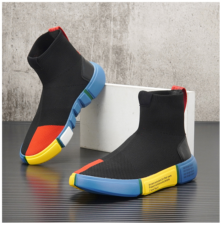 High Top Socks Shoes For Men 2023 Autumn New Trendy Breathable Knitted Slip On Sneakers Thick Sole Color Matching Trendy Shoes_voghion.com