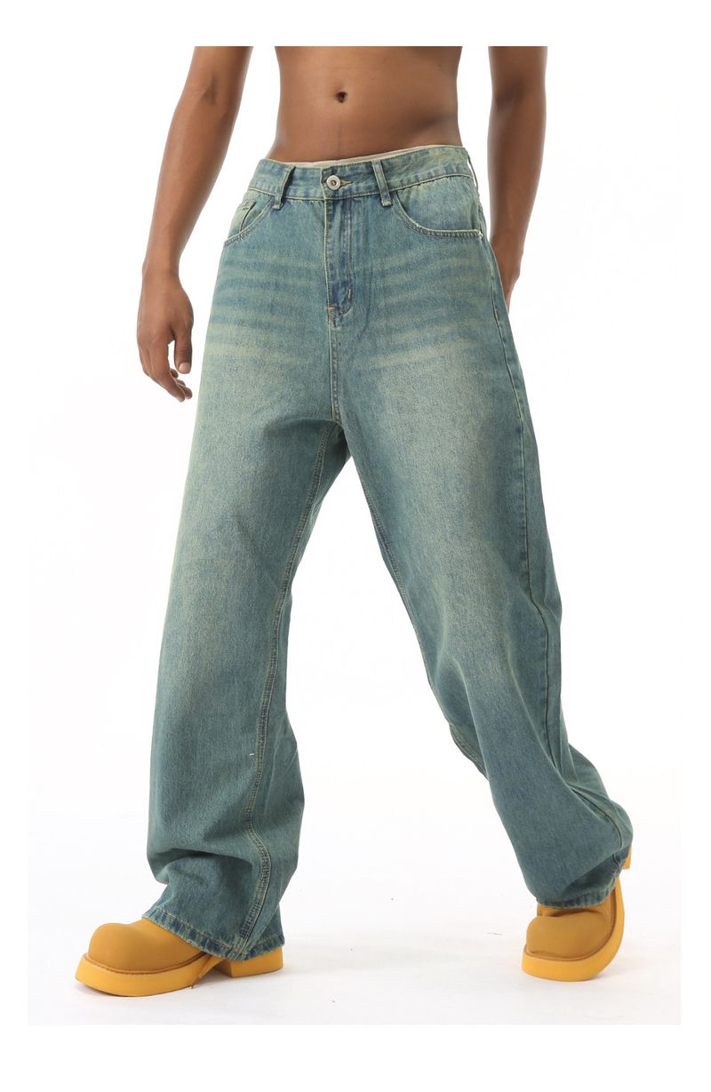 EF JEANS | 2024 New American Personality Retro Old Gradual Change Loose Wide Leg Jeans Men Old Green_voghion.com