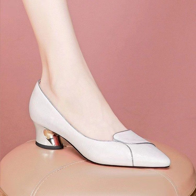 Flache Einzelschuhe Damenmode Niedrige Absätze Arbeitsschuhe Dickabsatz Spitze Dickabsatz Lederschuhe Damen_voghion.com