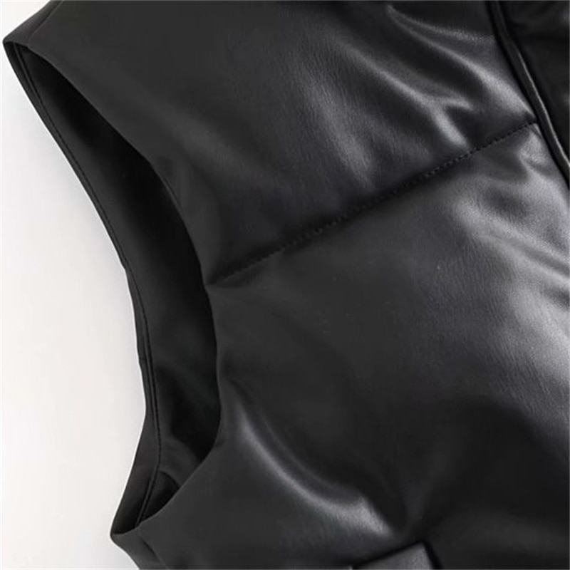 Amerikanischen Retro Frauen Schwarz Pu Puffy Weste Winter Dicke Parkas Jacke Mode Mäntel Faux Leder Unten Weste Lose Weste_voghion.com