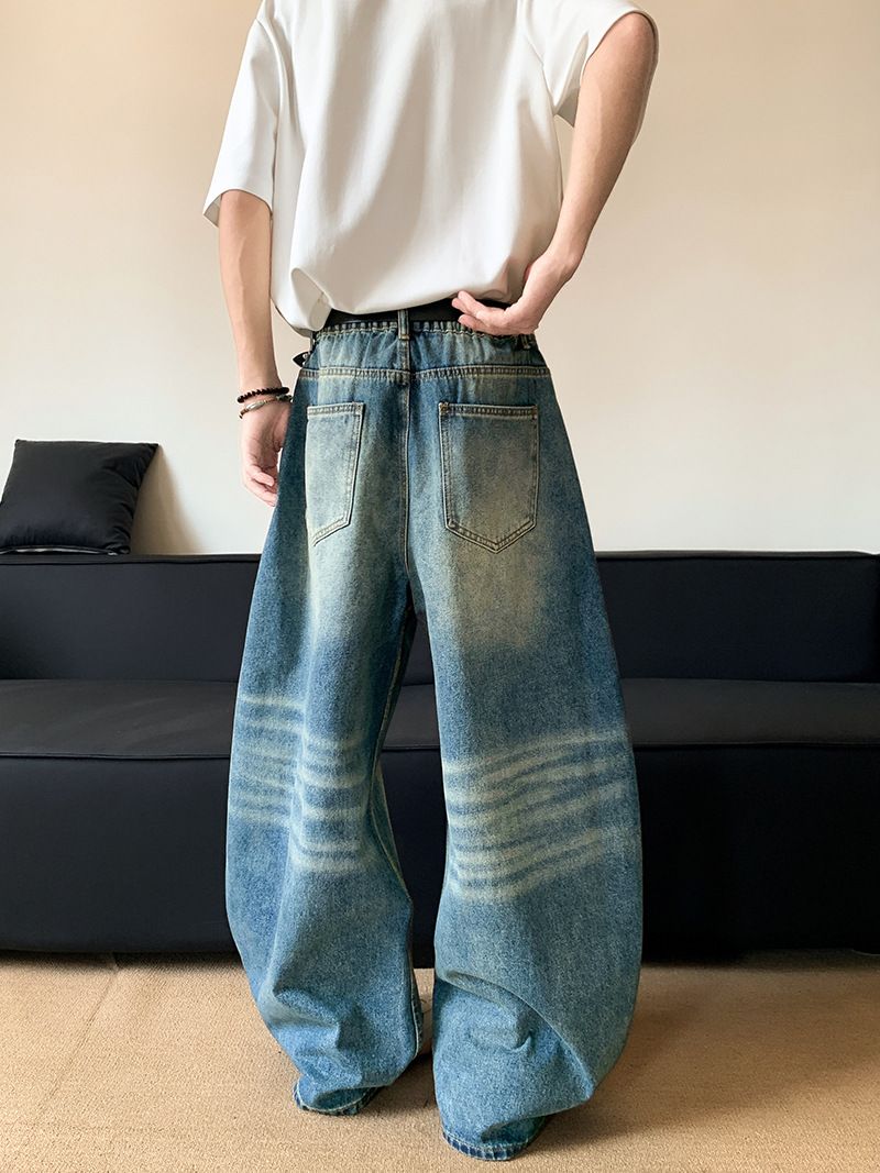 Jeans da uomo, modello dritto, con stampa di adesivi a fumetti, lavati, modello scimitarra, larghi, tridimensionali, aderenti, a gamba larga_voghion.com