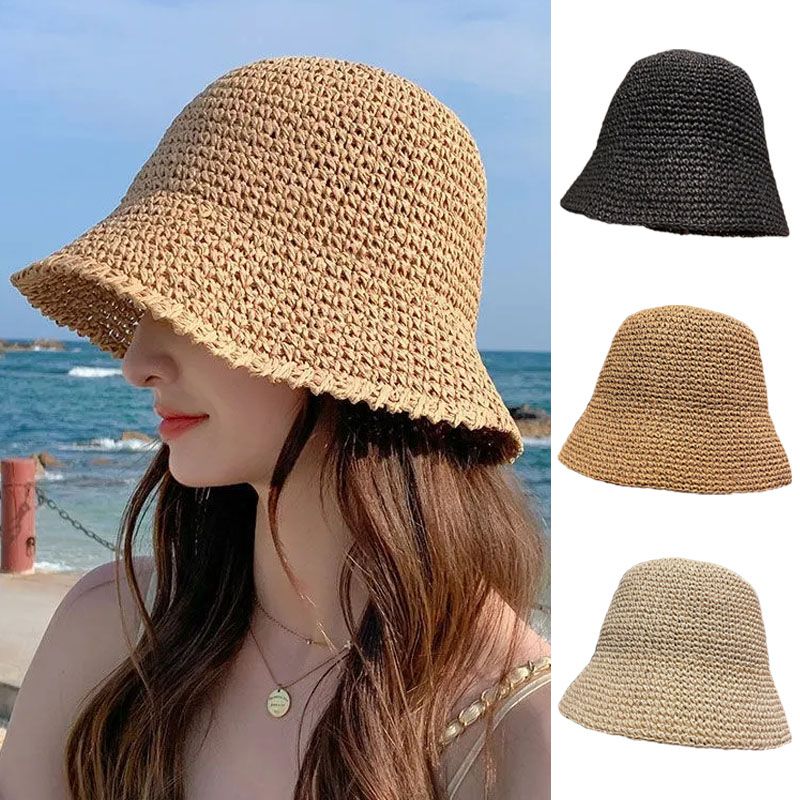 New Arrivals Solid Color Braid Bucket Hat For Women Summer Hollow Out Breathable Beach Hats Knit Dome Fisherman Caps Lady Sunshade_voghion.com