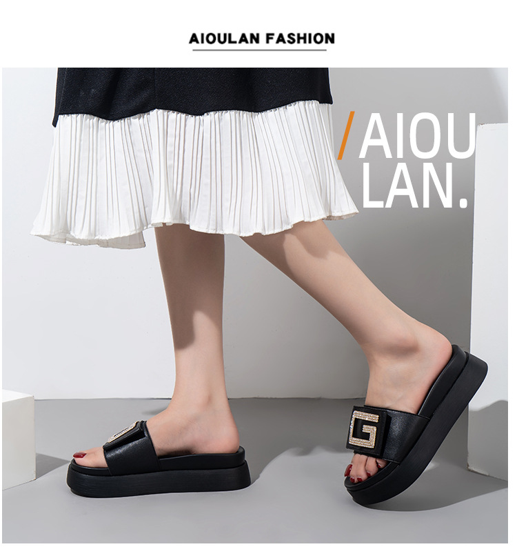 Γυναικεία σανδάλια και παντόφλες με δερμάτινο χοντρό πάτο φορώντας στρας μικρού μεγέθους με επίπεδο πάτο παντεσπάνι προσωπικότητας casual παπούτσια_voghion.com