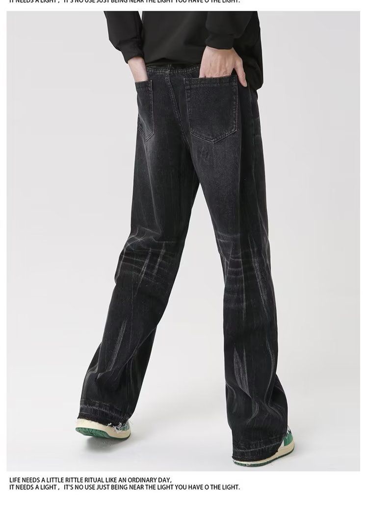 Schwarze verwaschene Distressed-Jeans für Herren, amerikanische gerade, stapelbare Vibe-Freizeithose mit Farbverlauf_voghion.com