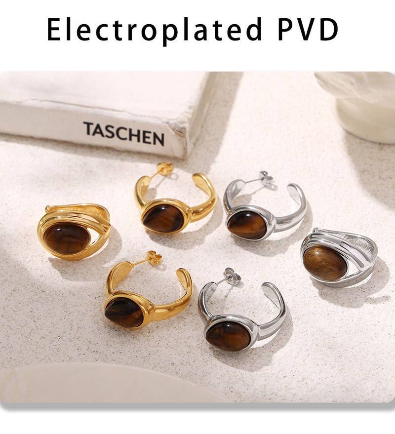 Vintage natural tiger's eye stone C-shaped earrings open ring women's set_voghion.com