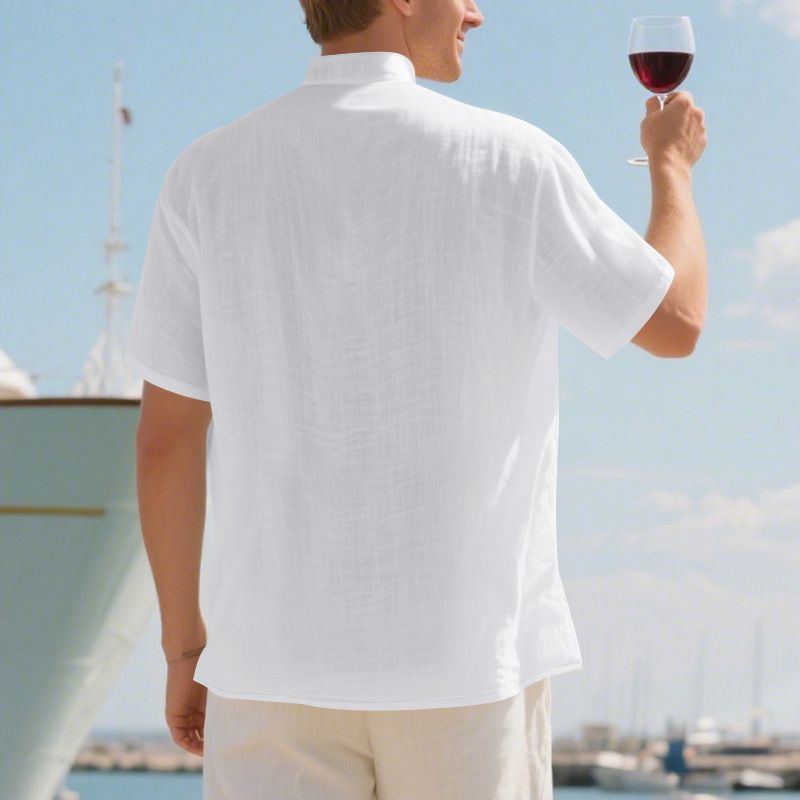 Camicia casual estiva da uomo, ampia, con colletto alto, abbottonata, in lino, a maniche corte, tinta unita, taglie forti_voghion.com