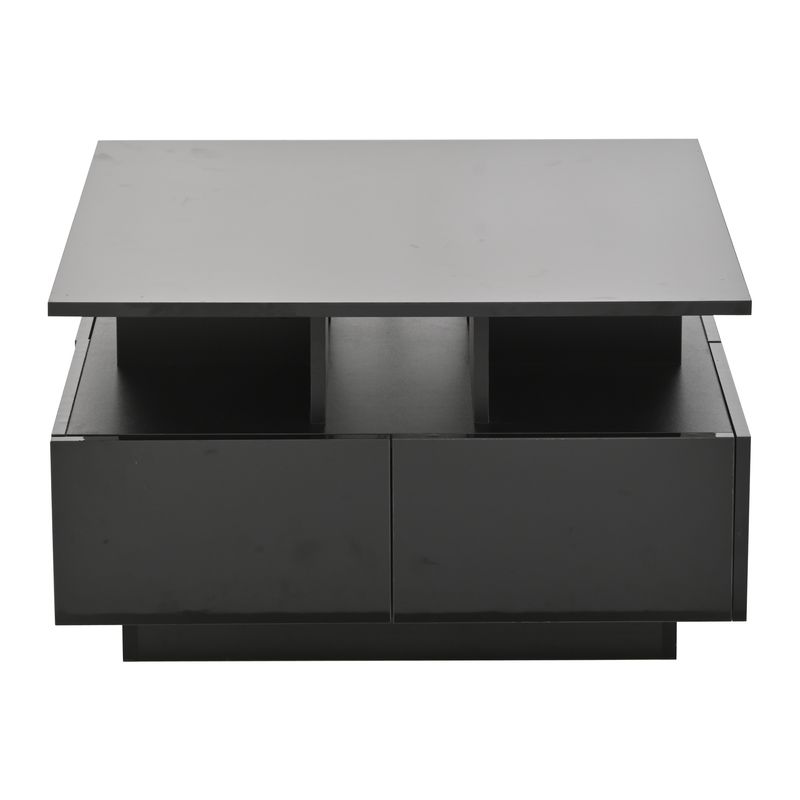 Table basse de salon noire brillante 70 x 70 x 40 cm avec éclairage LED, table d'appoint à 4 tiroirs, design géométrique, capacité de charge de 30 kg._voghion.com