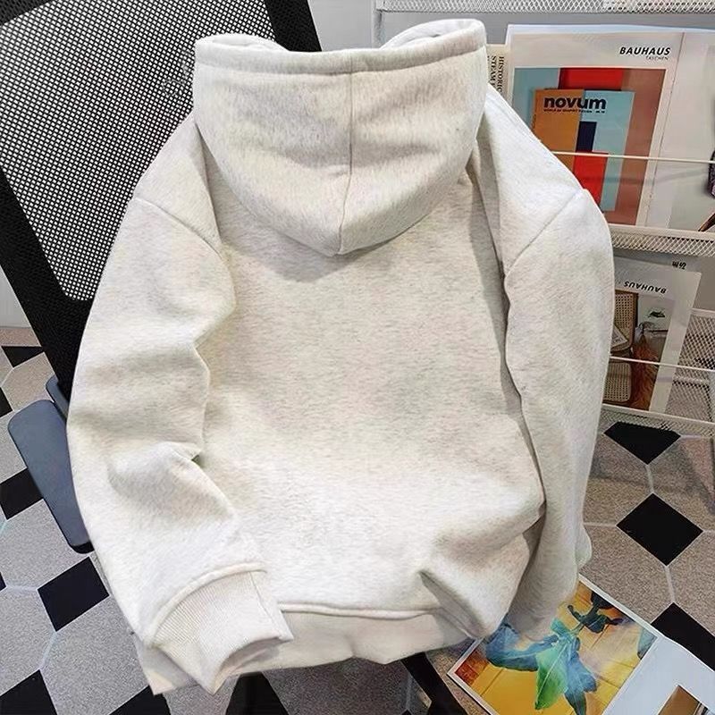 White gray hooded plush thick hoodie for autumn and winter, loose oversized, simple letter American jacket 12_voghion.com