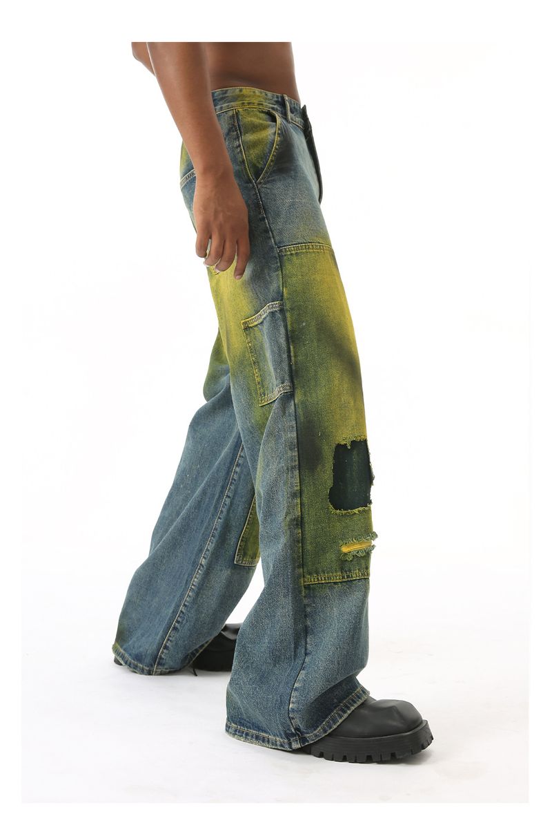EF JEANS | 2024 New Product, American High Street Loose Mopping Old Retro Tie-dye Ripped Jeans Tide_voghion.com