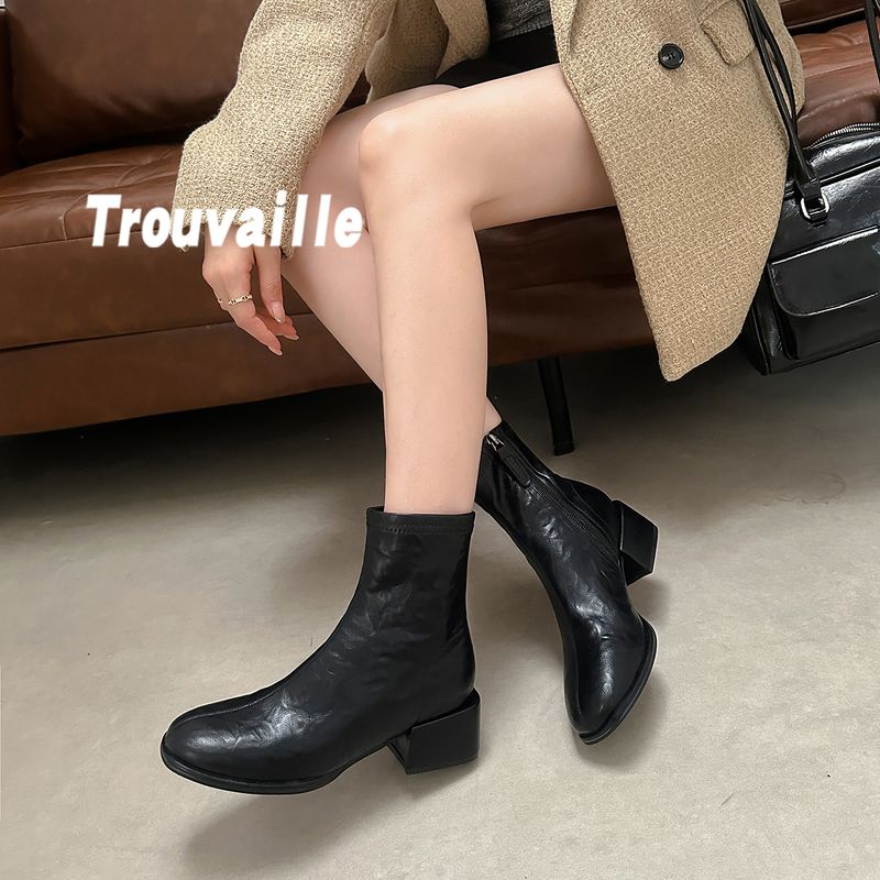 Cowhide Version~ Genuine Leather French Square Toe Chunky Short Ankle For Women New High Heel Stretch Slim Sock Boots_voghion.com