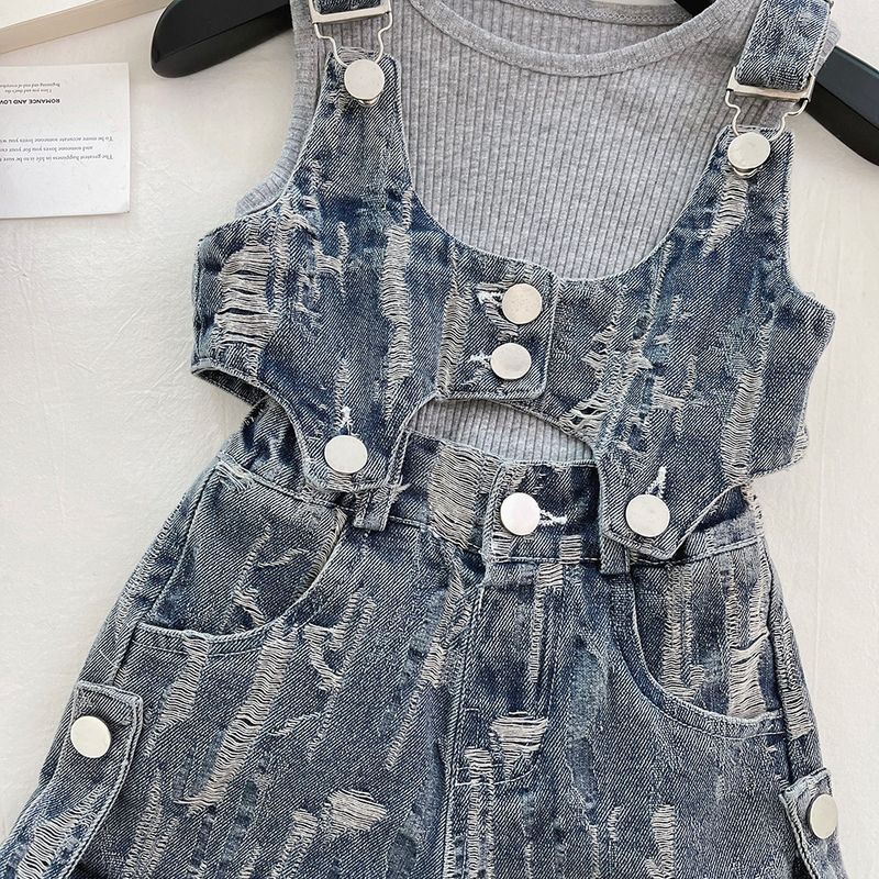 Kinderkleidung im neuen Stil, modische Trägershorts und Unterhemd für kleine Mädchen, dreiteiliger Anzug, trendig_voghion.com