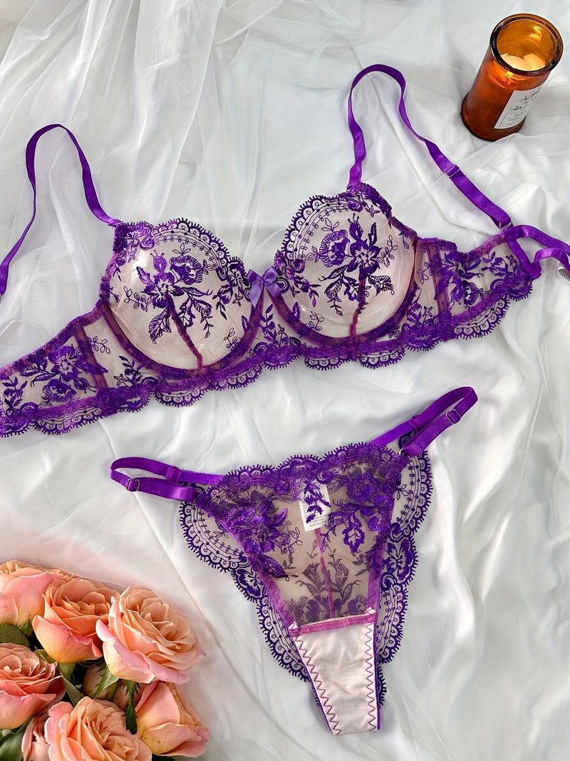 Damen Kleeder Blummen Broderie Perspektiv Mesh Sexy Komfortabel Einfach a generéis Ënnerwäsch Set_voghion.com
