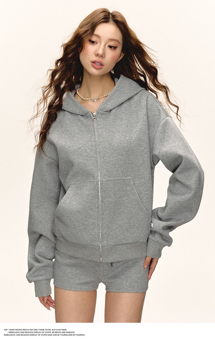 Aaisup Gray Short Hooded Cardigan Sweatshirt For Women 2025 Spring New Loose Basic Versatile Casual Jacket_voghion.com