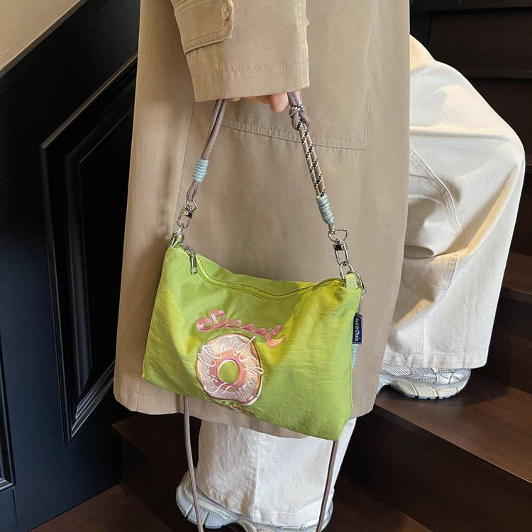 Embroidered Donut Handbag Nylon Fabric Trendy Women Japanese And Korean Style Casual Outing Commuting Crossbody_voghion.com