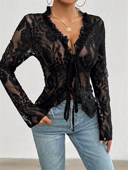 Damenbekleidung Damen Transparentes Spitzen-Wickeltop Langarm mit Rüschenbesatz Sexy Mesh Durchsichtige Bluse Lässig Elegantes V-Ausschnitt-Shirt_voghion.com