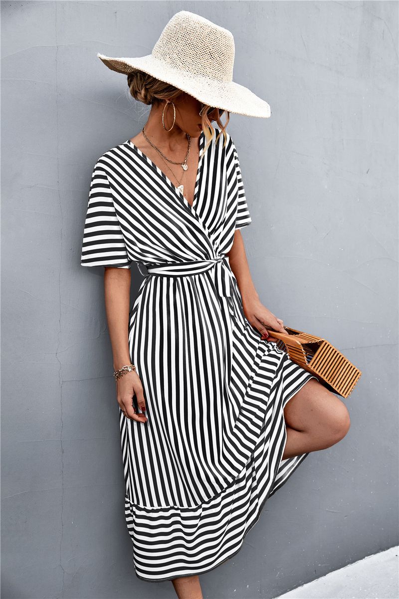 2023 Spring/Summer New Classic Cross V-Neck Strap Stripe Dress_voghion.com