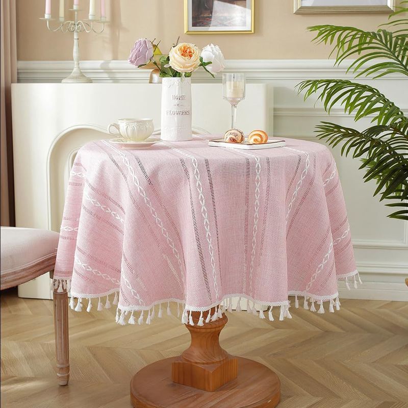 Vendita calda di tovaglie rotonde piccole, in poliestere, cotone e lino, con griglia cava, di alta qualità._voghion.com