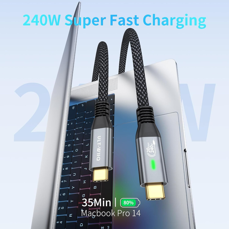 ULT-WIIQ līdz 240 W ātrgaitas PD 3.1 ātras uzlādes 20Gbps pārraide 4K izturīgs neilona pīts USB C datu kabelis, piemērots_voghion.com