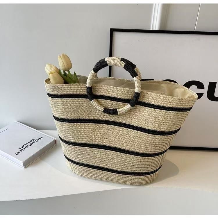 Borsa da donna in paglia, da spiaggia, intrecciata a mano, grande capacità, borsa da viaggio in corda di carta_voghion.com