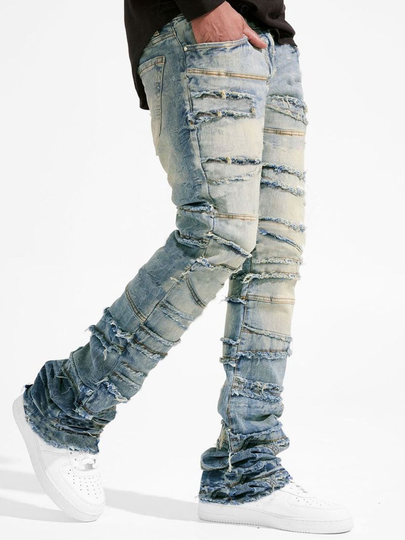 Men's Clothing New Men's Denim Straight Pants Street Fashion Ins Popular Stretch Patch Denim Straight Pants_voghion.com