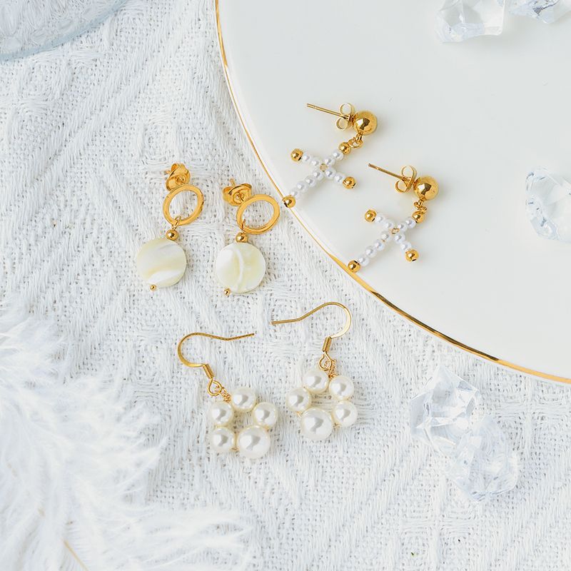 1 Pair French Style Sweet Cross Round Beaded Pearl Plating 304 Stainless Steel 14K Gold Plated Drop Earrings_voghion.com
