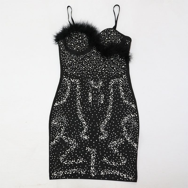Women's Clothing Sexy Suspender Hot Diamond Dress With Spliced wool Clauses_voghion.com